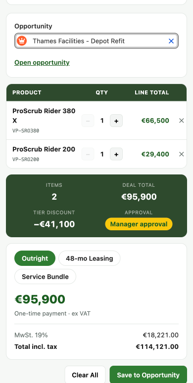 Pricora on a phone: a quote with two products, the deal total, tier discount, approval level and a save button